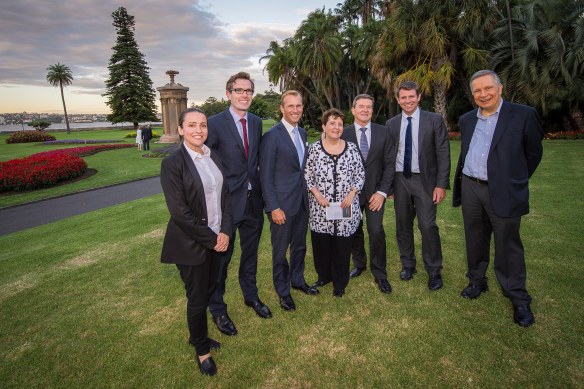 In front of the Choragic Monument of Lysicrates at the Royal Botanic Garden, Sydney after Premier Mike Baird announced the winner of the first Lysicrates Prize.From left:  Lee Lewis, Artistic Director Griffin Theatre Company, Finance Minister Dominic Perrottet, Environment Minister Rob Stokes, Patricia Azarias, Kim Ellis, Executive Director, Botanic Gardens and Centennial Parklands, John Azarias. Photo: Jessica Lindsay